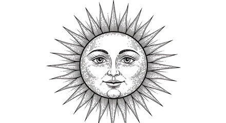 Obraz premium Vintage Sun with Face Vector – Celestial Etching Illustration on White