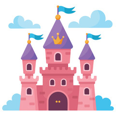 Enchanted pink castle floating on clouds princess palace vector illustration
