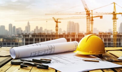 Architectural Plans, Safety Gear, and Tools with Urban Background, High-Resolution