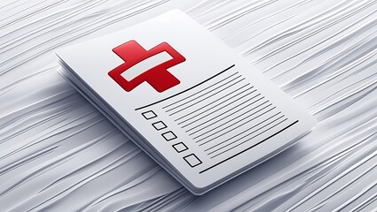 Medical checklist with a red cross for healthcare, treatment, diagnosis, and patient record keeping, set against an abstract background.