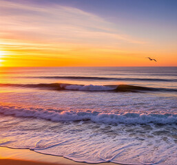 Serene Coastal Sunset: Golden Hour Waves Crashing on Sandy Beach