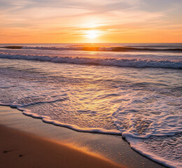 Serene Coastal Sunset: Golden Hour Waves Crashing on Sandy Beach