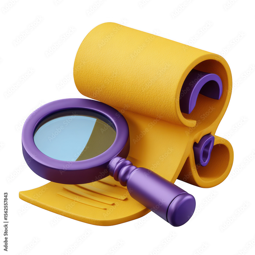 Poster purple magnifying glass over yellow scroll document isolated on transparent background