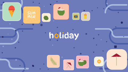 Flat Design Summer Holiday Icons with Tropical Drinks and Food on Blue Background for Web and Poster