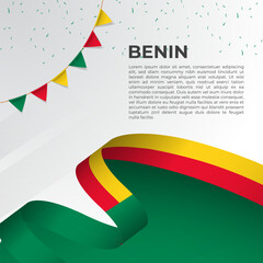 Abstract wavy flag of Benin in ribbon style on white background. Design for Independence day, National Day. Vector Illustration