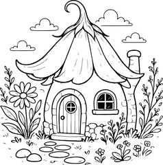 Fairy tale style line drawing of a whimsical flower-shaped cottage surrounded by plants, flowers, clouds, and garden elements