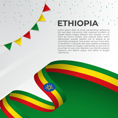 Abstract wavy flag of Ethiopia in ribbon style on white background. Design for Independence day, National Day. Vector Illustration