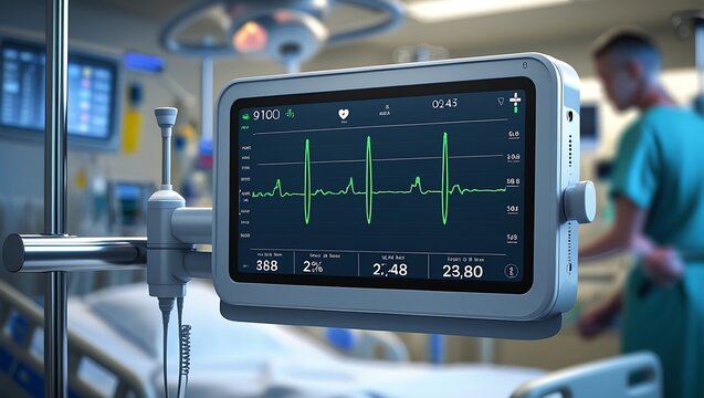 Modern healthcare monitoring displays a vital sign graph in a bright hospital room setting showcasing advanced medical technology.