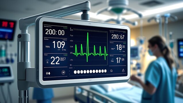 Close up view of medical monitor displaying vital signs in hospital room with nurse in the background showing technology.