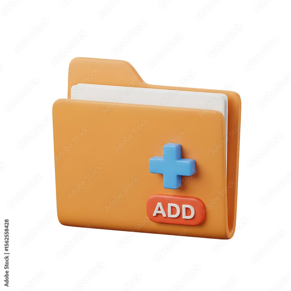 Aufkleber rendered image of an orange folder with a blue plus sign and the word add on it in a three d style o