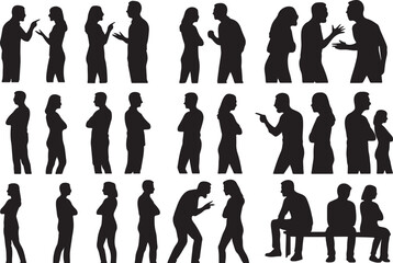 Fototapeta premium Collection of black silhouettes of people in various poses of disagreement conflict and contemplation against a white background