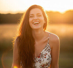 Joyful woman laughing in golden sunlight, radiating pure happiness.