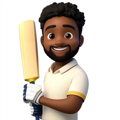 A 3D isolated cartoon character of a cricket player in Cricket uniform holding a cricket bat