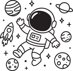 Kawaii style line art of a smiling astronaut floating in space with planets and stars around in a cartoon black and white format