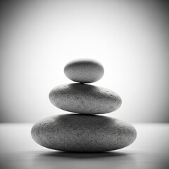 Three smooth grey stones balanced in a serene stack against a light background.