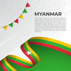 Abstract wavy flag of Myanmar in ribbon style on white background. Design for Independence day, National Day. Vector Illustration
