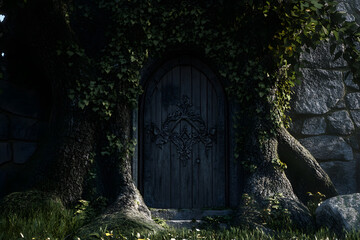 Fototapeta premium Enchanted wooden door at the base of an ancient tree covered in ivy