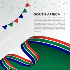 Abstract wavy flag of South Africa in ribbon style on white background. Design for Independence day, National Day. Vector Illustration