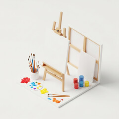 Miniature artist's studio setup with easel, canvases, paints, and brushes.