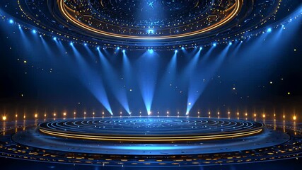 A dazzling stage setting with bright lights and circular patterns in blue and gold - Powered by Adobe
