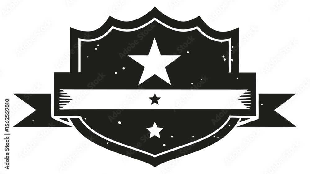 Poster shield badge with star and ribbon design element in black and white vector