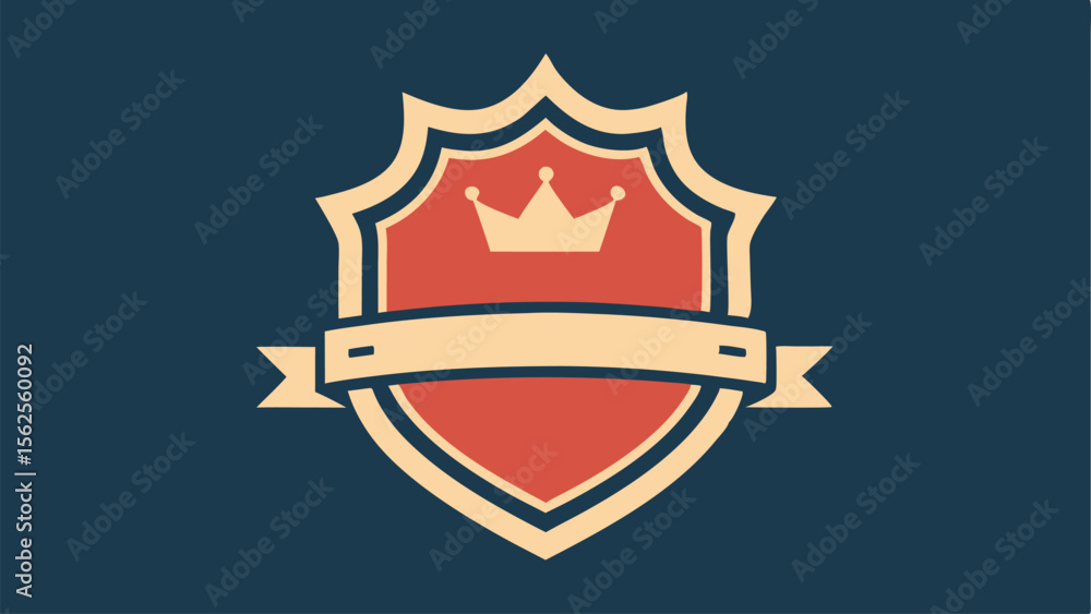 Poster shield emblem with crown and ribbon design elements in flat retro style