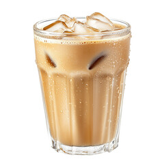 Iced coffee on a tall glass, isolated on white background.