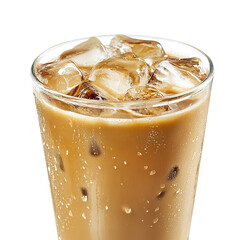 Iced coffee on a tall glass, isolated on white background.