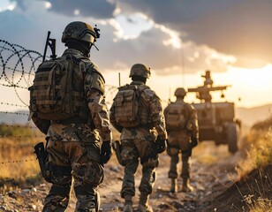 A tense border zone with soldiers from both countries on high alert, barbed wire and heavy machinery