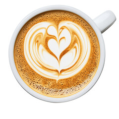 A cup of cappuccino with heart shape art on top, isolated on white background.