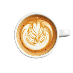 A cup of cappuccino with heart shape art on top, isolated on white background.