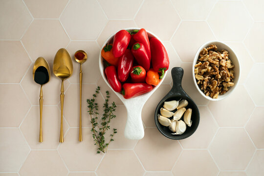 Overhead of Ingredients for Hearty Mediterranean Bean Dishes