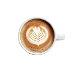 A cup of cappuccino with heart shape art on top, isolated on white background.