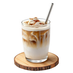 Cold frappe in a glass with straw, isolated on white background.