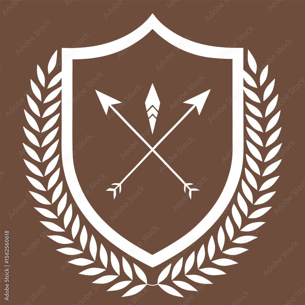 Poster shield with arrows and laurel wreath in a minimalist emblem design