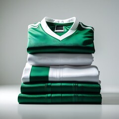 A professional photograph of a neatly folded and stacked full football uniform, comprising a green and white jersey with matching shorts and socks, against a white background.
