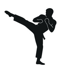 Martial Artist High Kick Silhouette,  Karate, Taekwondo, Fighter Pose Vector Illustration