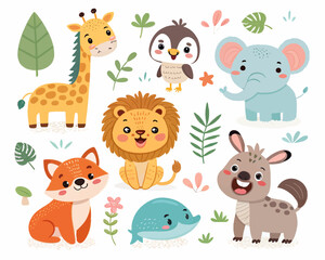 Obraz premium Adorable Baby Animals Featuring a Giraffe Lion Fox Elephant Penguin Dolphin and Hyena in a Playful Forest Setting
