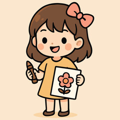 Cartoon Girl Drawing Picture | Creative Kids Activity Vector Illustration
