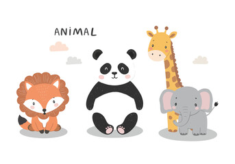 Obraz premium Adorable Cartoon Animals Featuring a Friendly Fox a Playful Panda a Gentle Giraffe and a Cute Elephant in a Whimsical Natural Setting