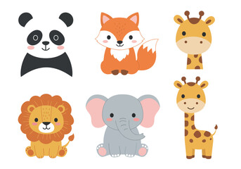 Adorable Collection of Cute Baby Animals Featuring a Panda Fox Elephant and Two Giraffes in a Whimsical Style