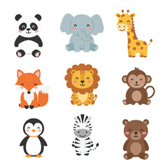 Adorable Cartoon Animals Collection Featuring Panda Elephant Giraffe Fox Lion Monkey Penguin Zebra and Bear