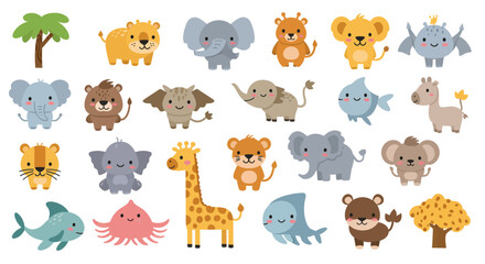 Fototapeta premium A Vibrant Collection of Adorable Pixelated Jungle Animals and Marine Life Perfect for Childrens Educational Content and Playful Designs