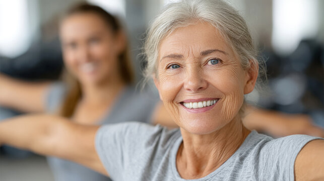 Elderly caucasian female smiling during exercise class with younger woman