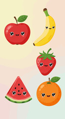 Fototapeta premium Cute Kawaii Fruits Illustration Featuring Apple Strawberry Banana Watermelon and Orange