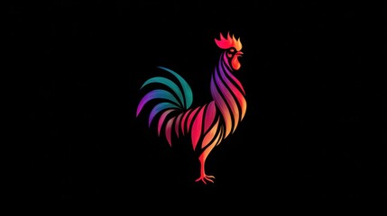 Colorful rooster silhouette on black background