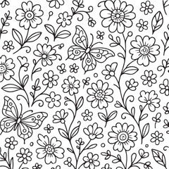 Whimsical hand drawn doodle pattern featuring delicate wildflowers and charming butterflies set against a clean white background for a charming natural aesthetic