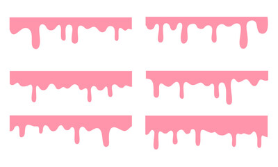 A set of melting and dripping pink strawberry. melted pink paint. melting pink cream. 