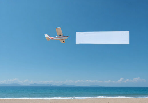 Airplane flying over a paradise beach with a blank banner ready for your message, ideal for aerial advertising, summer promotions or outdoor copy space concept.