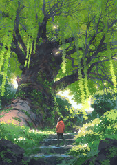 A young girl in a red jacket stands in awe at the base of an enormous tree surrounded by dense greenery and sunlight, digital art style, illustration painting